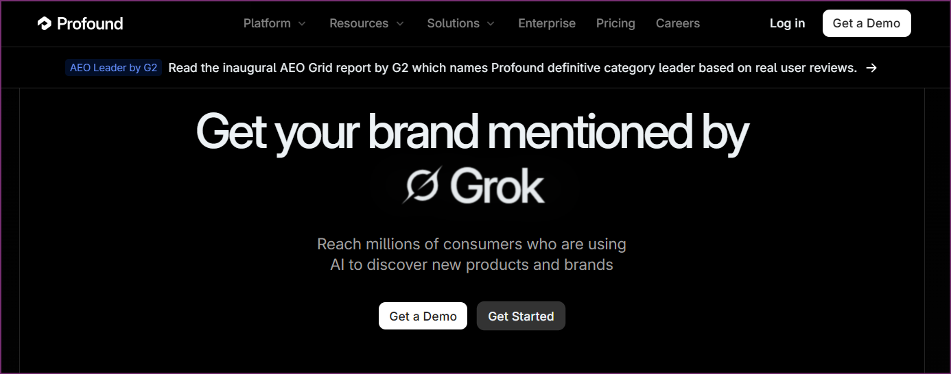 Profound AI analytics dashboard showing prompt volumes and AI visibility metrics