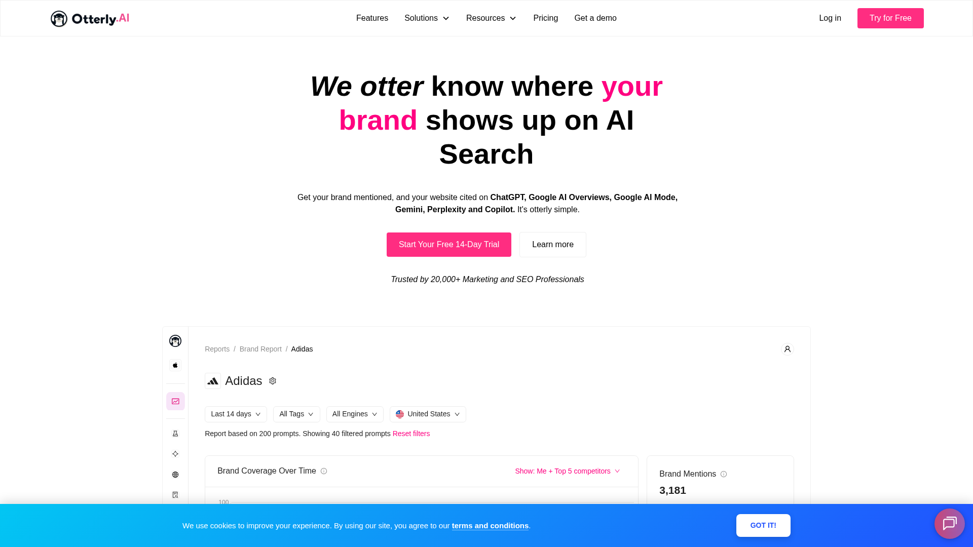 Otterly AI dashboard showing AI search visibility metrics and brand mention tracking